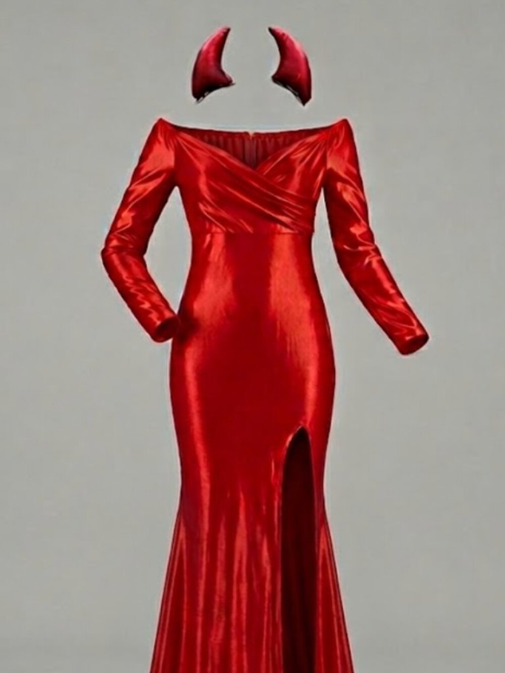 NWT Sundefeis Red Devil Costume Large Off Shoulder High Slit Maxi Dress Horns